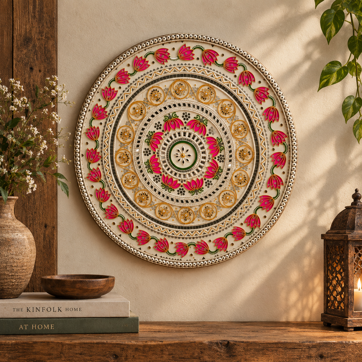 Handcrafted Floral Mandala Decorative Wall Plate | Pink Lotus & Gold Traditional Home Decor | Round Wall Art