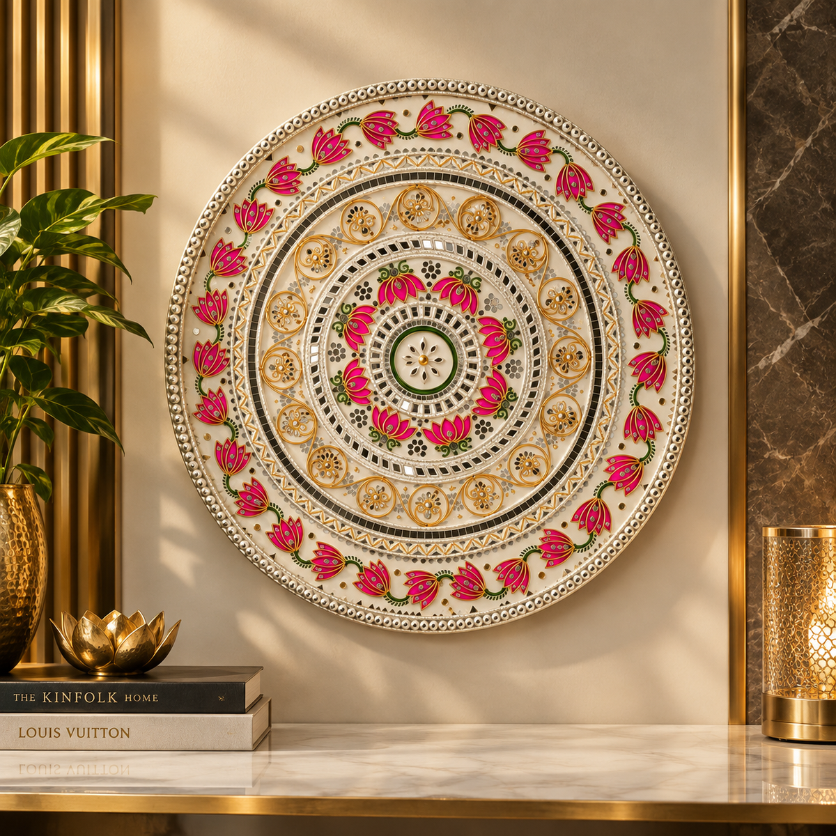 Handcrafted Floral Mandala Decorative Wall Plate | Pink Lotus & Gold Traditional Home Decor | Round Wall Art