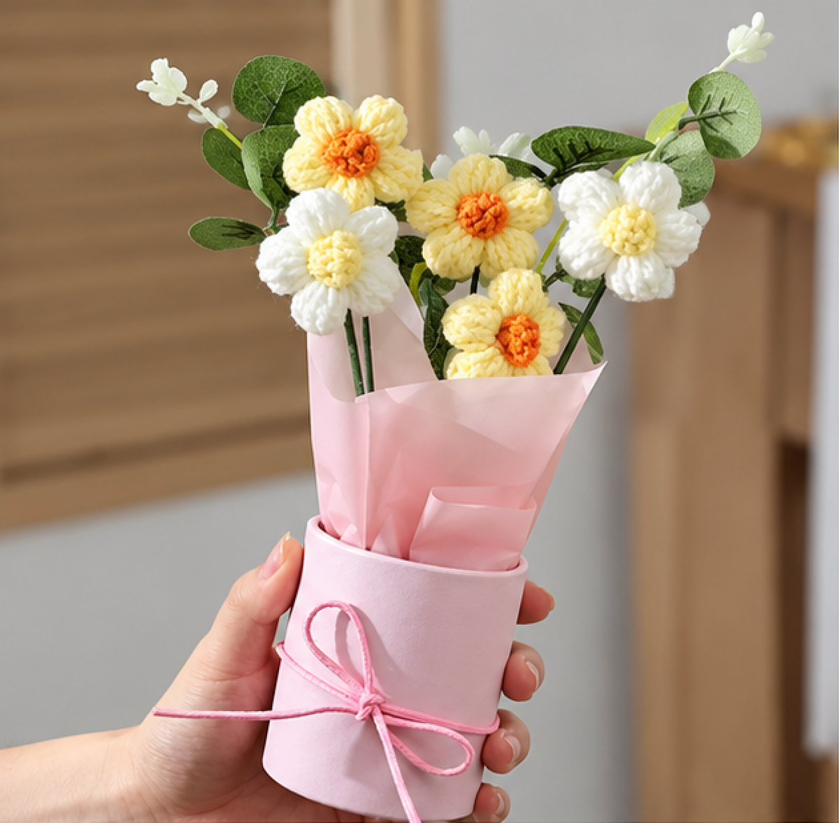 Purple & White Crochet Flower Bouquet | Pastel Pink Pot